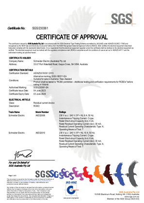 Schneider, Acti9 iDPN Vigi, RCBO, Certificate, RCM, SGS Aust. Pty Ltd