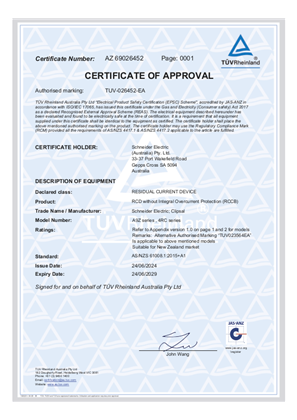 Schneider Electric, A9Z and 4RC Residual Current Devices, Certificate, RCM, TUV Pty Ltd