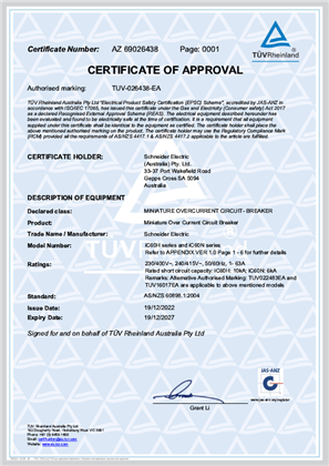 Schneider Electric, Acti9 iC60 series, mini circuit breakers, Certificate, TUV Aust. Pty Ltd