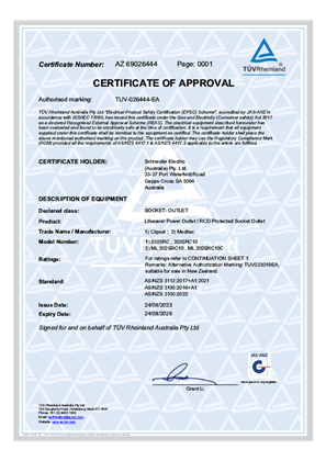 Medilec, 2025RC switched socket, Certificate, RCM, TUV Rheinland PTY. LTD