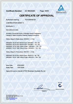 Schneider Electric, AR9 series Residual current device, Certificate, TUV Aust. Pty Ltd