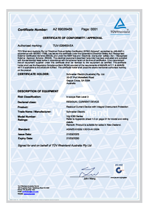 Schneider Electric, Vigi iC60 RCBO series, certificate, RCM, TUV Pty Ltd