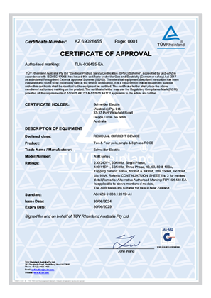 Clipsal, Acti9 R series, Residual current circuit breaker, Certificate, TUV Pty Ltd