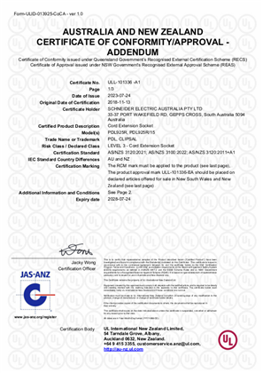 PDL by Schneider Electric, PDL925R cord extension sockets, Certificate, RCM, ULNZ LTD