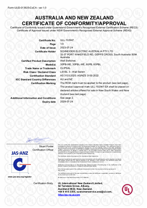 Clipsal, 30PB and 60PB push button wall switches, Certificate, RCM, ULNZ LTD