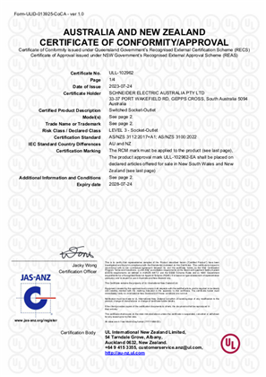 Iconic, 3015 and PDL394 and PDL391 switched sockets, Certificate, RCM, ULNZ LTD
