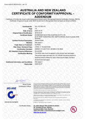 10M and 4PSO socket outlet series, Certificate, RCM, ULNZ Pty LTD