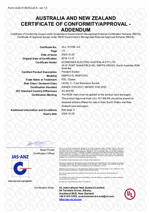Schneider, 56SPO310 and 56SPO315 extension socket, Certificate, RCM, ULNZ LTD