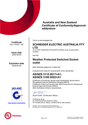 WSC227 weather protected switched socket outlet series, Certificate, RCM, ULNZ Pty LTD