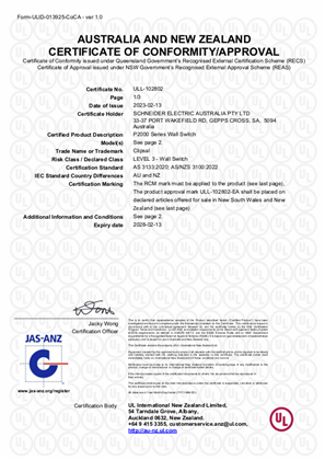 P2000, P30M series wall switch, Certificate, RCM, ULNZ Pty LTD