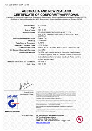 Clipsal, CEF40N ceiling exhaust fan, Certificate, RCM, ULNZ LTD