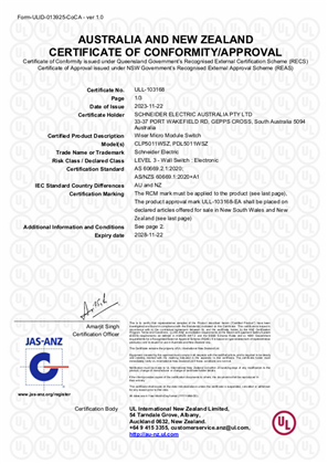 Schneider, 5011WSZ Wiser Micro Switch, Certificate, RCM, ULNZ LTD