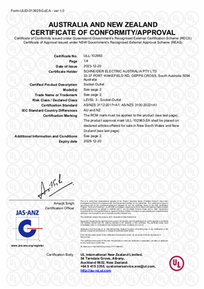 Clipsal 3015/4 and PDL395H4 socket outlet series, Certificate, RCM, ULNZ LTD
