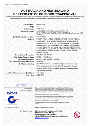 Schneider, PDL500 and PDL600 wall switch series, Certificate, RCM, ULNZ LTD