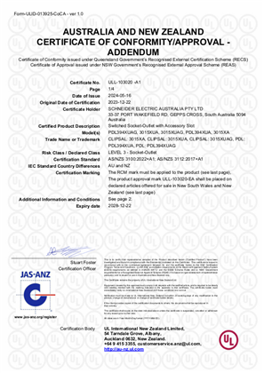 Clipsal 3015X and PDL394X socket outlet, Certificate, RCM, ULNZ LTD