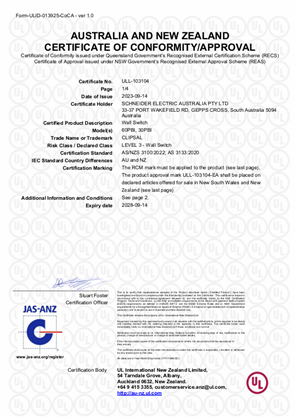 Clipsal, Intermediate push button switch, Certificate,  RCM, ULNZ LTD