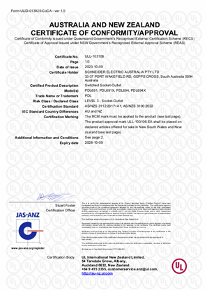 PDL691 and PDL694 switched socket, Certificate, RCM, ULNZ LTD