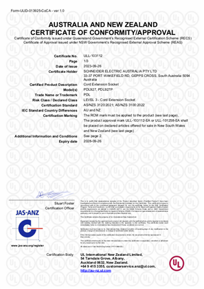 PDL, 927 cord extension socket outlet, Certificate, RCM, ULNZ LTD
