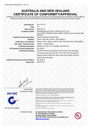 Iconic, O3015 and PDLO394 Outdoor Socket Outlet, Certificate, RCM, ULNZ LTD