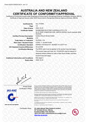 Clipsal, 414 socket outlet, Certificate, RCM, ULNZ LTD