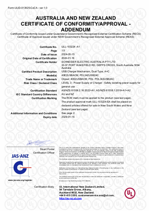 40E2USBACM and PDL342USB2AC, USB charging module, Certificate, RCM, ULNZ LTD