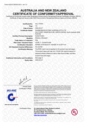 PDL644 and PDL644P socket-outlets, Certificate, RCM, ULNZ LTD