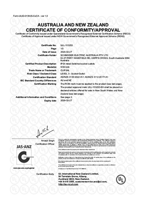 Clipsal, WSC228 socket outlet weatherproof, Certificate, RCM, ULNZ LTD