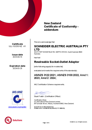 PDL940 socket outlet adaptor, Certificate, RCM, ULNZ LTD