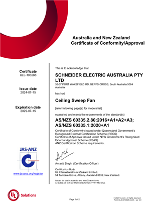 Clipsal, X4HS900 and Y3HS1300_ceiling sweep fans, Certificate, RCM, ULNZ LTD