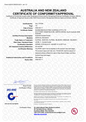 Clipsal, 2025VXA and ML2025VI socket outlets, Certificate, RCM, ULNZ LTD