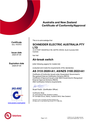 Clipsal 40MI and PDL378M10 air-break switch mechanism, Certificate, RCM, ULNZ LTD