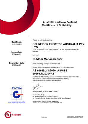 Wiser, 750 Infrascan Outdoor Sensor 360, Certificate, RCM, ULNZ LTD