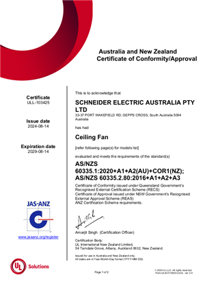 Clipsal, Ceiling Fans P3HS900AL-P4HS1400AL series, Certificate, RCM, ULNZ LTD