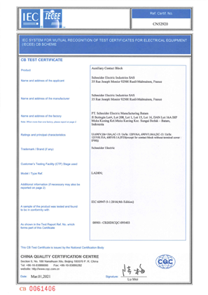 CB Certificate TeSys D - LAD8N_Batam plant
