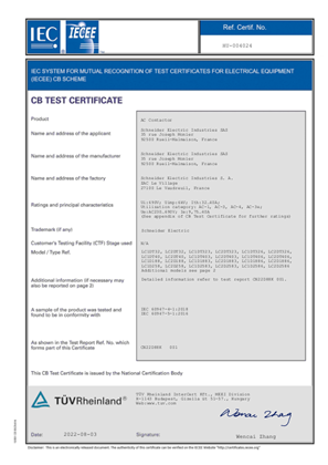 CB_Certificate_TeSys D_LC1D188-258&LC1DT32-DT40&LC2DT32-DT40_Le Vaudreuil