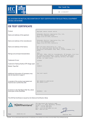 Clipsal, 56SSR/2 sunset switch, CB test certificate, TUV Pty Ltd