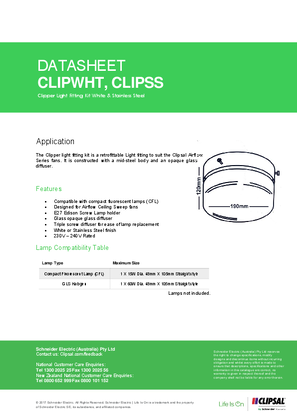Technical Data Sheet for CLIPWHT & CLIPSS Clipper Light Fitting Kit 
