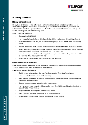 Technical Specifications - Panel Mount & Rotary Cam Switches