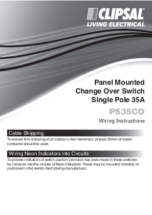 Installation Instructions - PS35CO Panel Mounted Change Over Switch, 16249