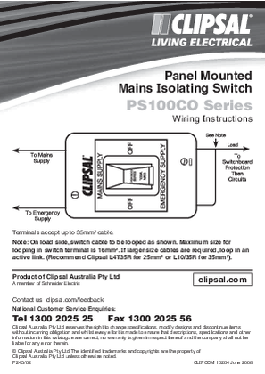 Installation Instructions - PS100CO Series Panel Mounted Mains Isolating Switch, 16264