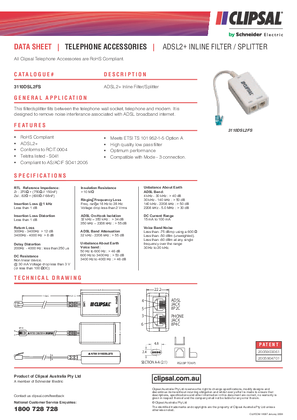 Product Data Sheet - 3110DSL2FS ADSL2+ Inline Filter/Splitter, 16097
