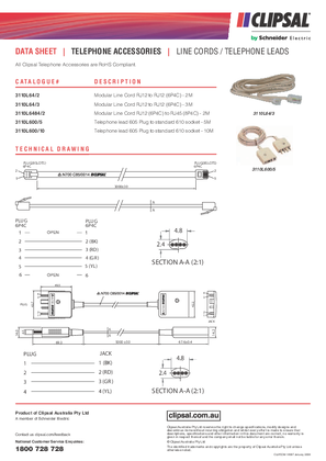 Product Data Sheet - 3110L64/2, 3110L64/3, 3110L6484/2, 3110L600/5, 3110L600/10 Telephone Line Cords / Telephone Leads, 16097