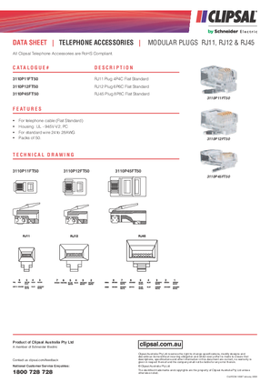 Product Data Sheet - 3110P11FT50, 3110P12FT50, 3110P45FT50, Modular Plugs RJ11, RJ12 & RJ45, 16097