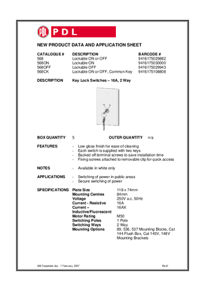 Product Data Sheet - 568 Key Lock Switches - 16A, 2 Way