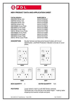 Product Data Sheet - 692 692X 695 695X Double Vertical and Horzontal Socket Outlets with Circuit Identification and RCD Protection Indication, 12615