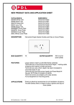 Product Data Sheet - 694 694M 600 Series Horizontal Socket and Clip-on Cover Plates, 12615
