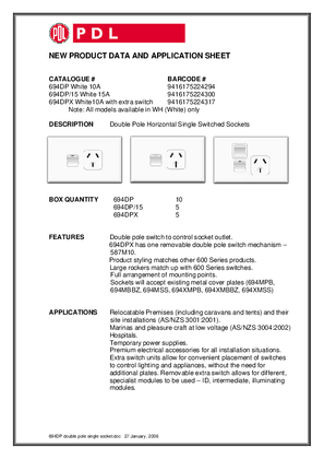 Product Data Sheet - 694DP 694DP/15 694DPX 600 Series Double Pole Horizontal Single Switched Sockets