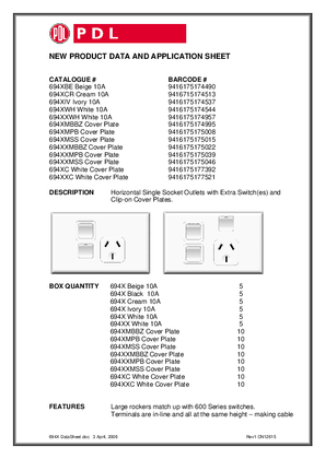Product Data Sheet - 694X 694XX 600 Series Horizontal Single Socket with Extra Switch(es) and Clip-on Cover Plates, 12615