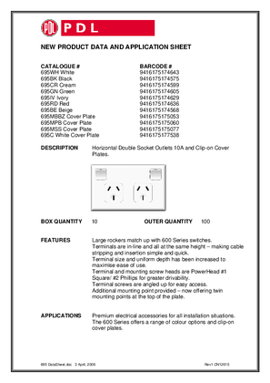 Product Data Sheet - 695 695M 695C 600 Series 10A Horizontal Double Socket and Clip-on Cover Plates, 12615
