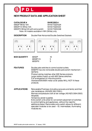 Product Data Sheet - 695DP 695DP/15 695DPX 600 Series Horizontal Double Pole Double Switched Sockets